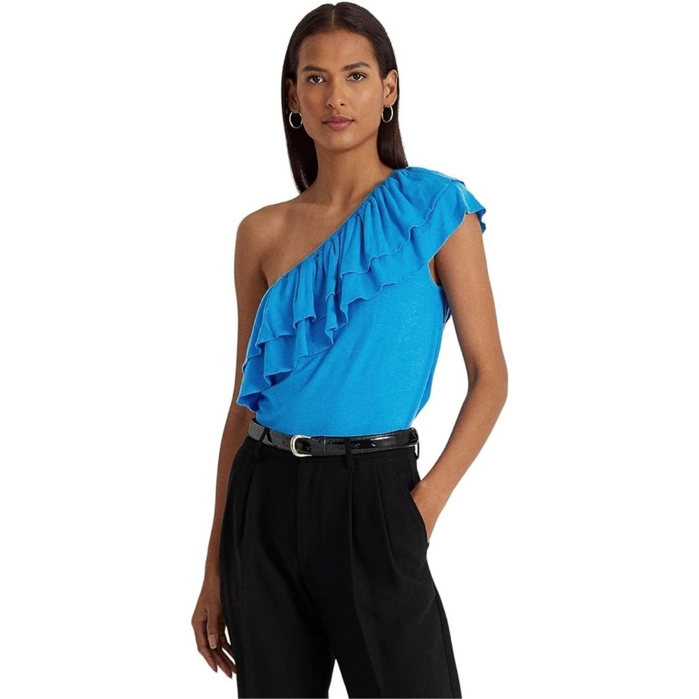 Ralph Lauren One-Shoulder Ruffle Top Blue Casual Party Blouse XL NWT $98‎
